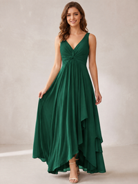 V-Neck High-Low Chiffon Bridesmaid Dress with Ruffles