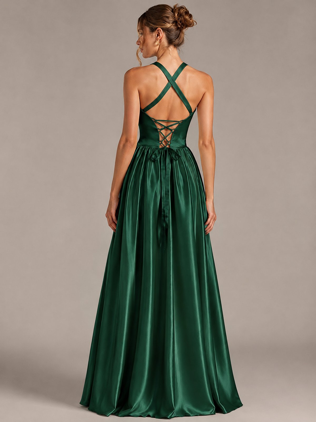 Light Yellow Halter Neck Satin A-Line Maxi Dress with Pockets