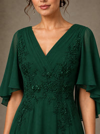 V-Neck Chiffon Lace Mother of the Bride Dress with Flutter Sleeves
