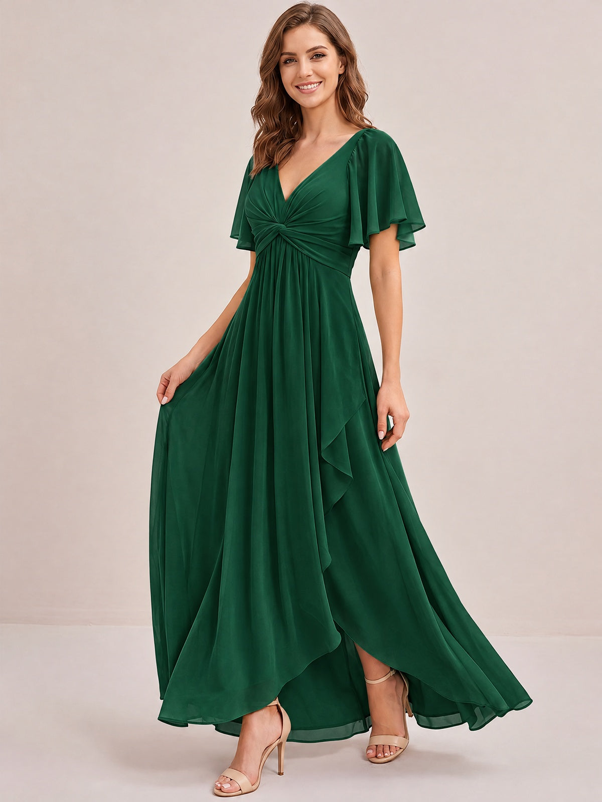 Dusty Blue Chiffon Bridesmaid Dress with Flutter Sleeves & High-Low Hem
