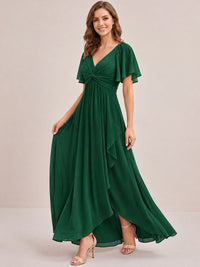 Dusty Blue Chiffon Bridesmaid Dress with Flutter Sleeves & High-Low Hem