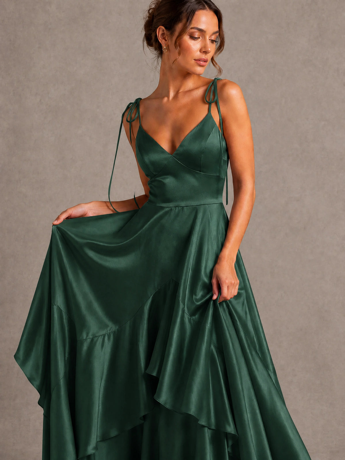 Lavender Satin V-Neck Ruffle Maxi Dress