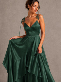 Lavender Satin V-Neck Ruffle Maxi Dress