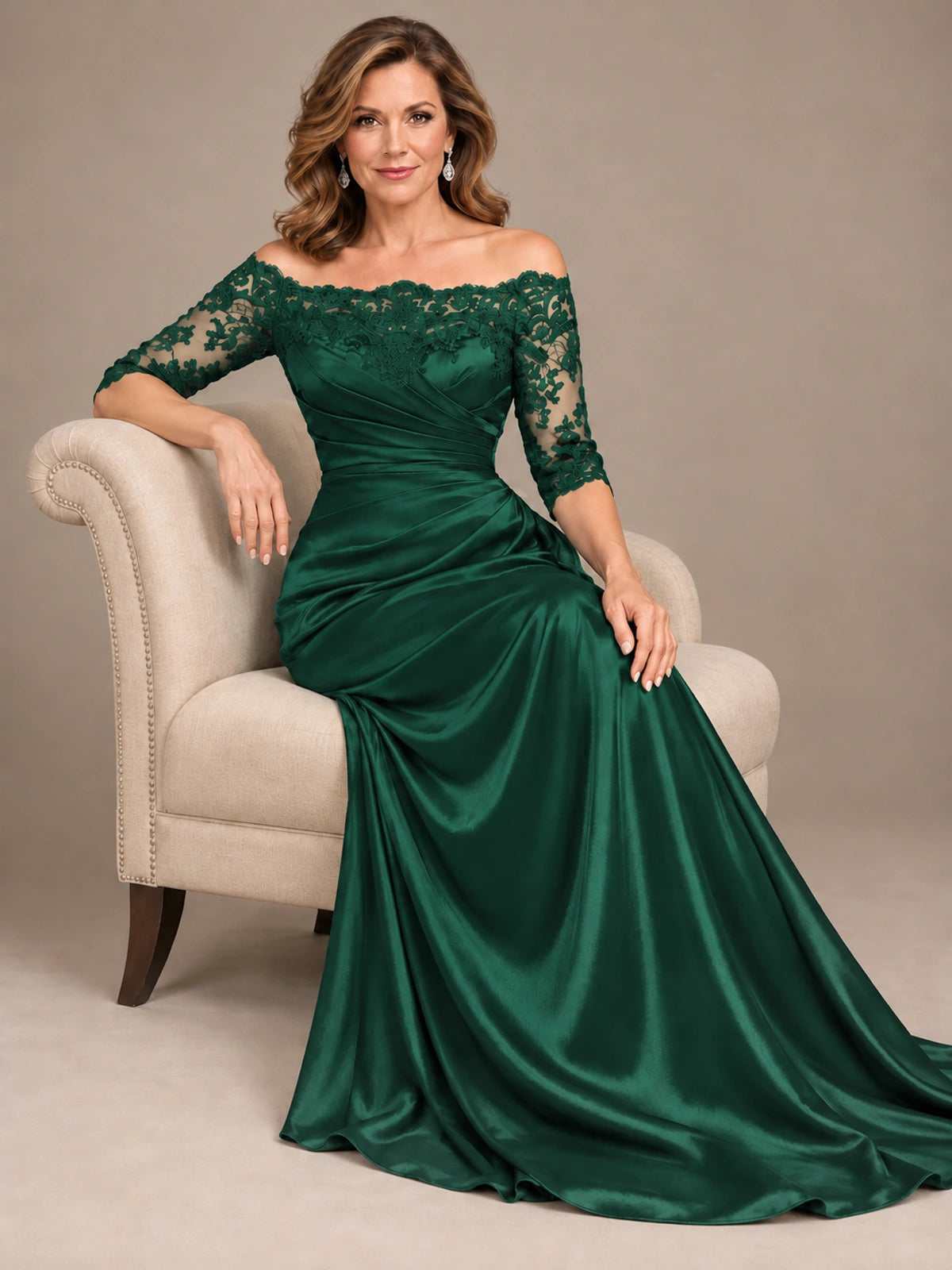 Satin Mother of the Bride Dress with Lace Sleeves Off Shoulder Formal Gown