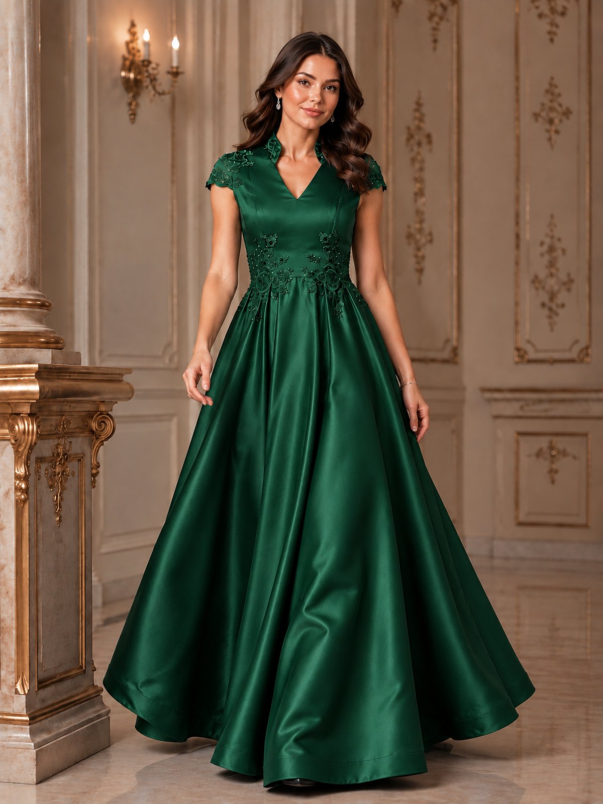 Lace Appliqué A-Line Satin Maxi Dress