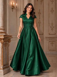 Lace Appliqué A-Line Satin Maxi Dress