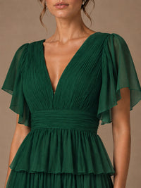 Chiffon V-Neck Tiered Ruffle Bridesmaid Dress with Slit