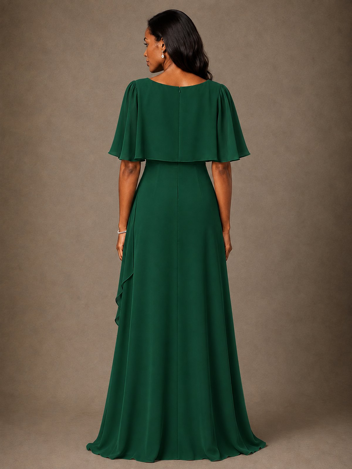 Taupe Chiffon A-Line Mother of the Bride Dress with Cape Sleeves