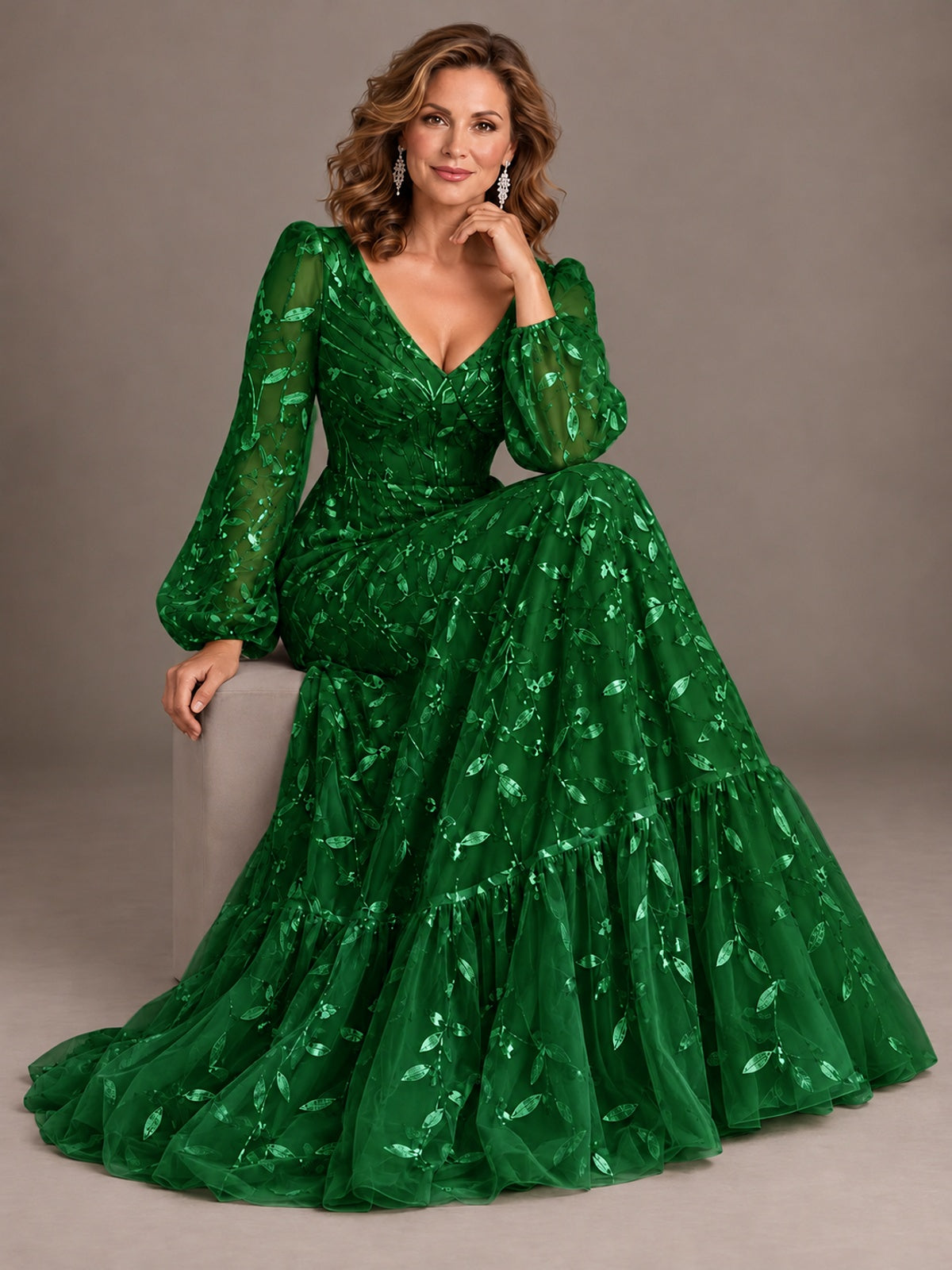 Floral Sequin Embroidered A-Line Mother of the Bride Dress with Long Sleeves