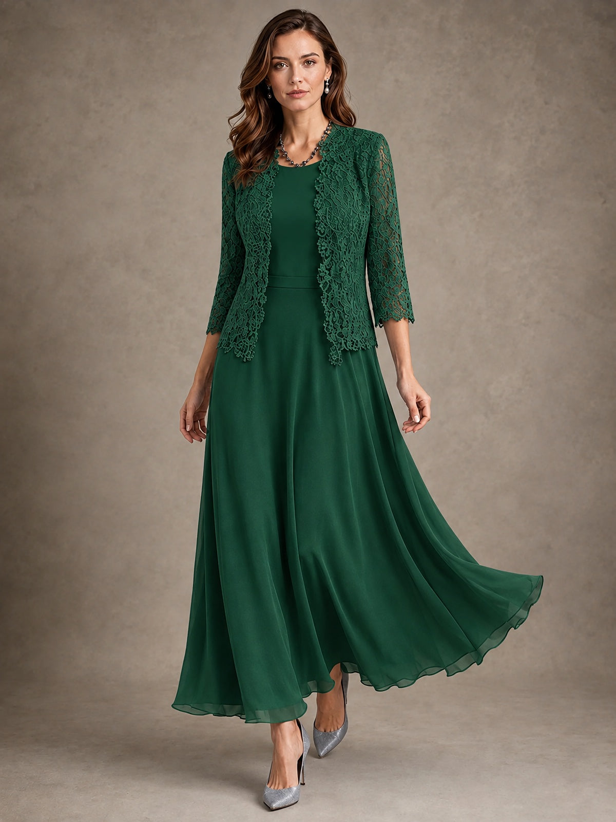 2-Piece Chiffon Mother of the Bride Dress with Lace Jacket