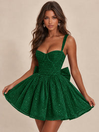 Sweetheart Glitter Tulle Puffy Mini Dress with Bow