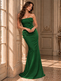 White Strapless Mermaid Maxi Dress with 3D Floral Appliques