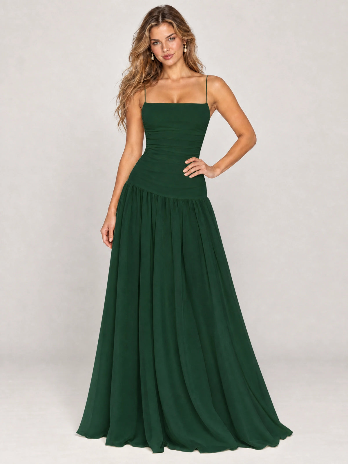 Butter Yellow Ruched Spaghetti Strap Drop-Waist Prom Dress