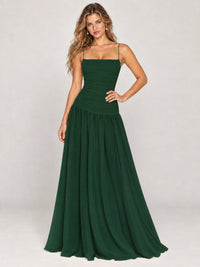 Butter Yellow Ruched Spaghetti Strap Drop-Waist Prom Dress