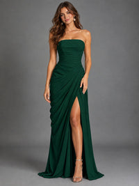 Strapless Bodycon Pleated Chiffon Formal Dress with Slit