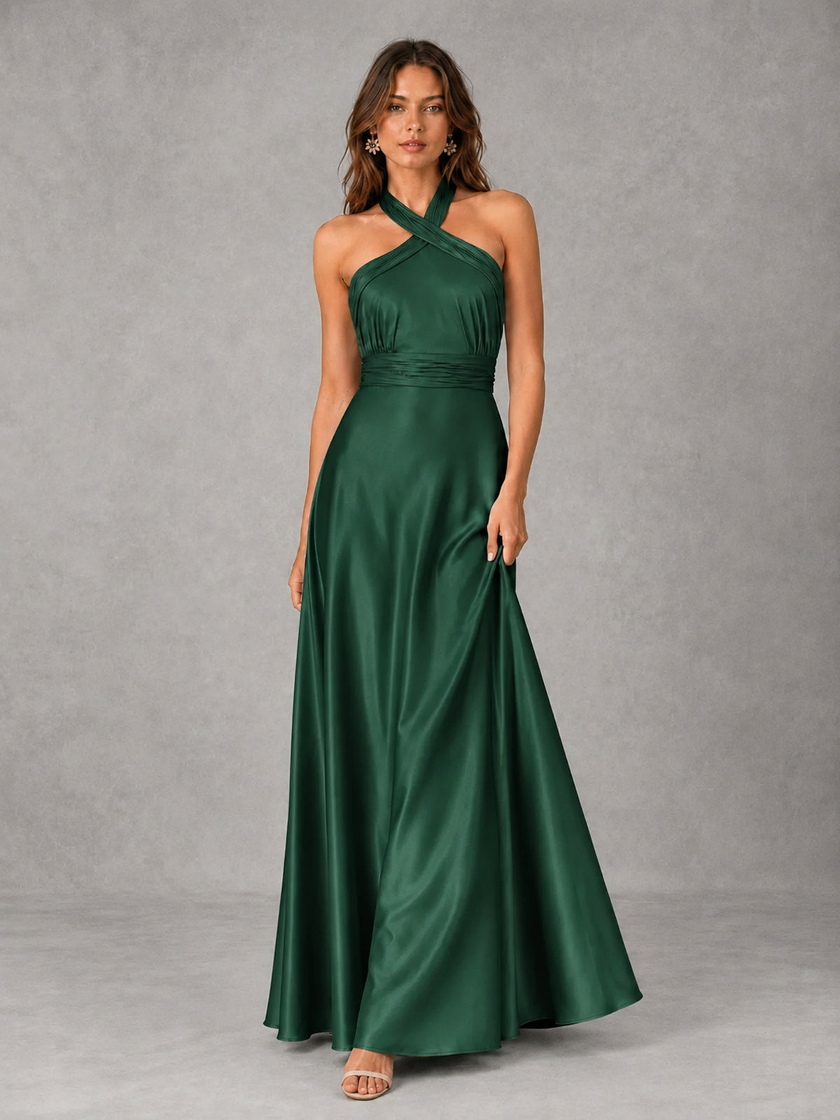 Sage Green Satin A-Line Bridesmaid Dress with Halter Neck