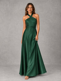 Sage Green Satin A-Line Bridesmaid Dress with Halter Neck