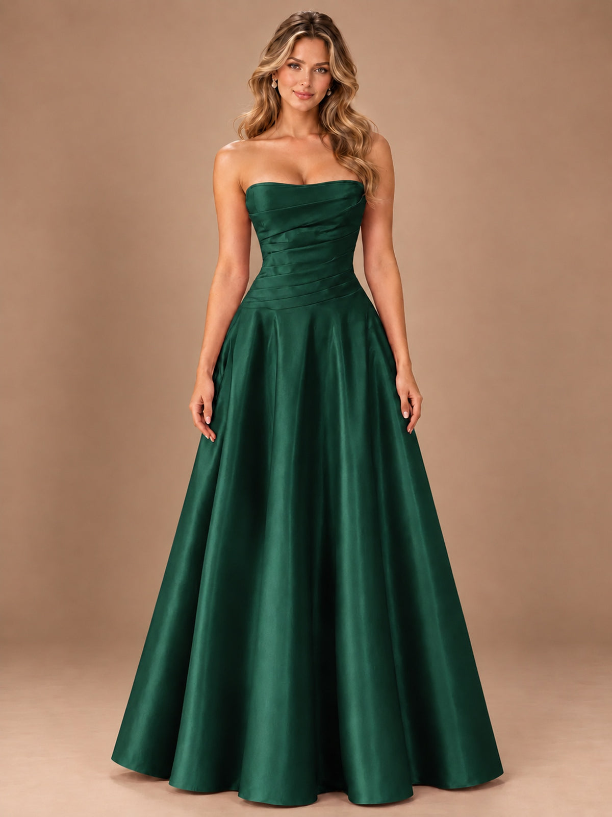 Blush Pink Strapless Satin A-Line Prom Dress with Ruched Bodice