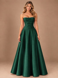 Blush Pink Strapless Satin A-Line Prom Dress with Ruched Bodice