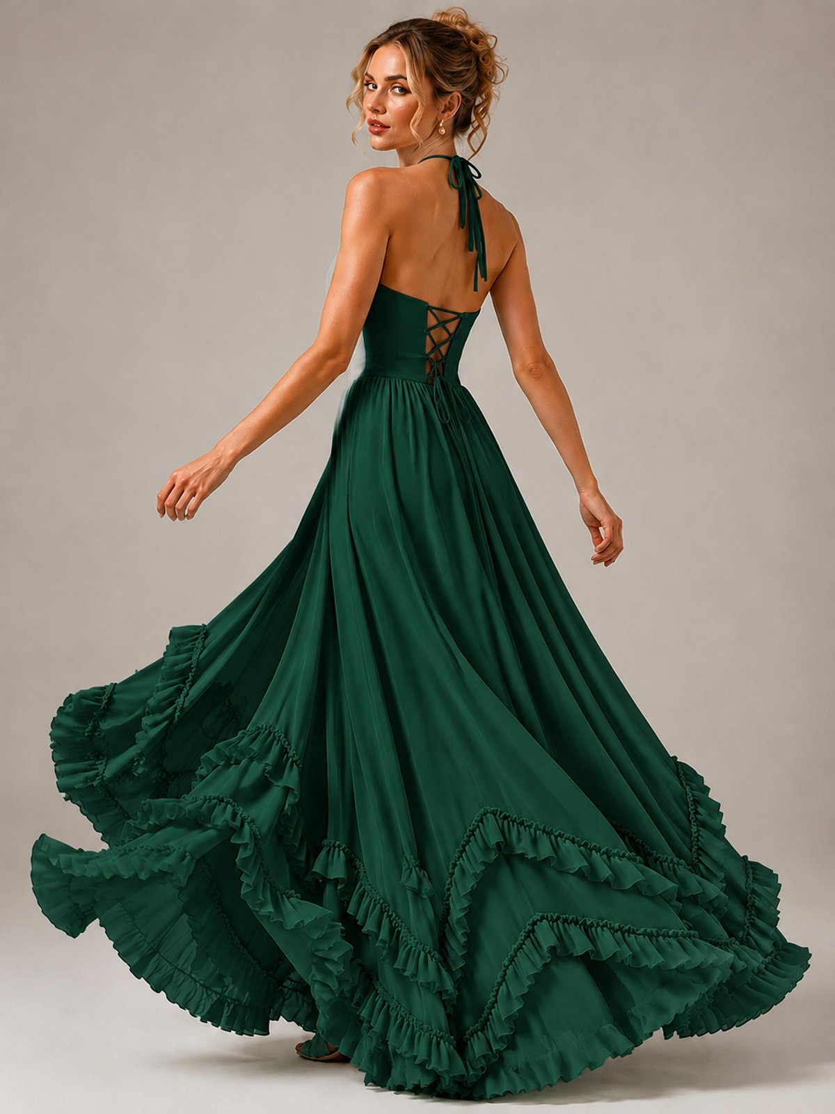 Halter V Neck Chiffon Formal Dress with Lace-Up Back and Ruffle Hem