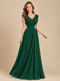 V Neck Pleated Mother of The Bride Dresses with Beading Cap Sleeves