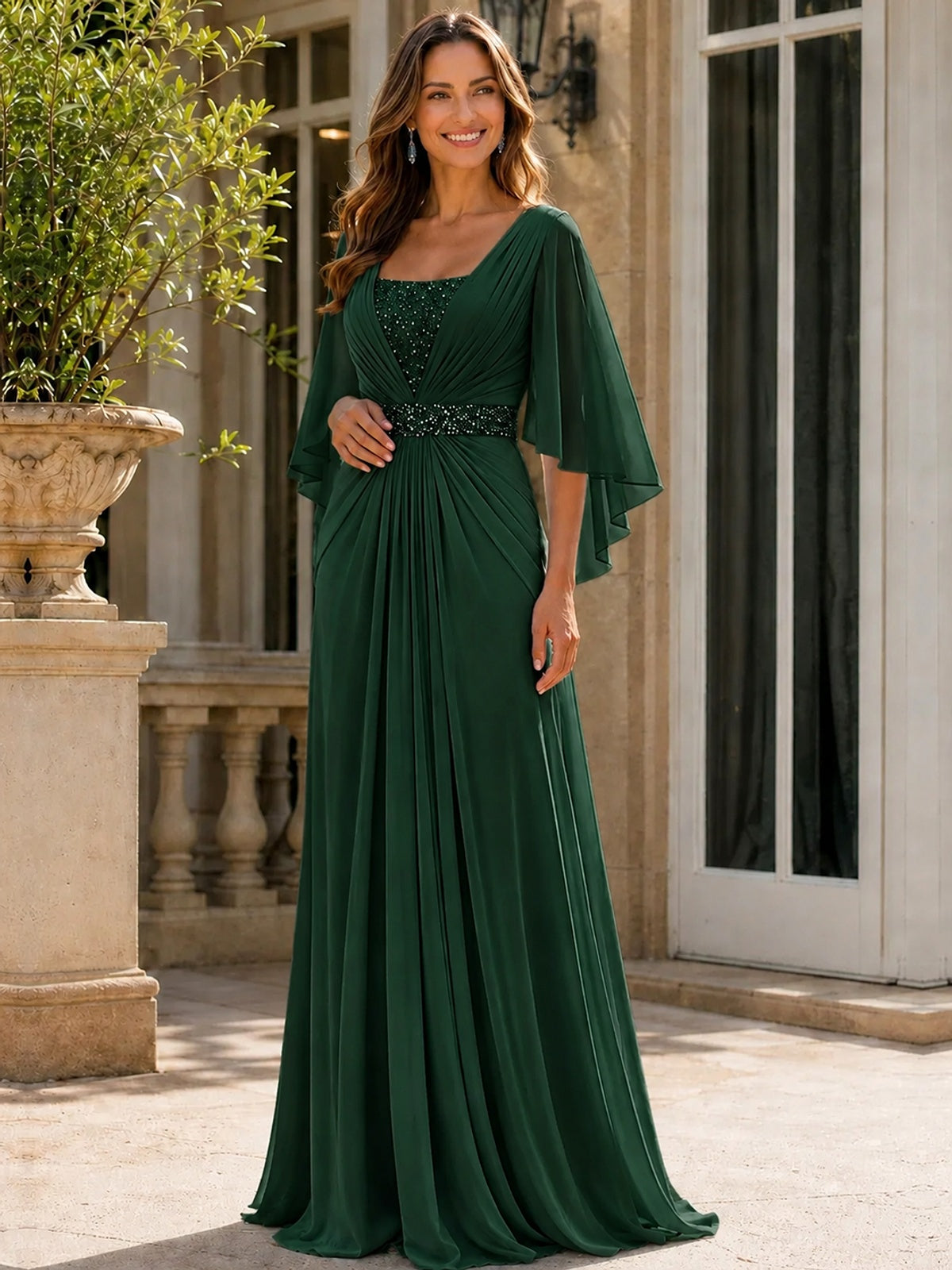 Elegant V-Neck Sequined Chiffon Mother of the Bride Dress with Flutter Sleeves
