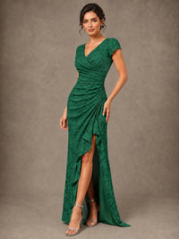 V-Neck Floral Jacquard Mother of the Bride Dress with Slit