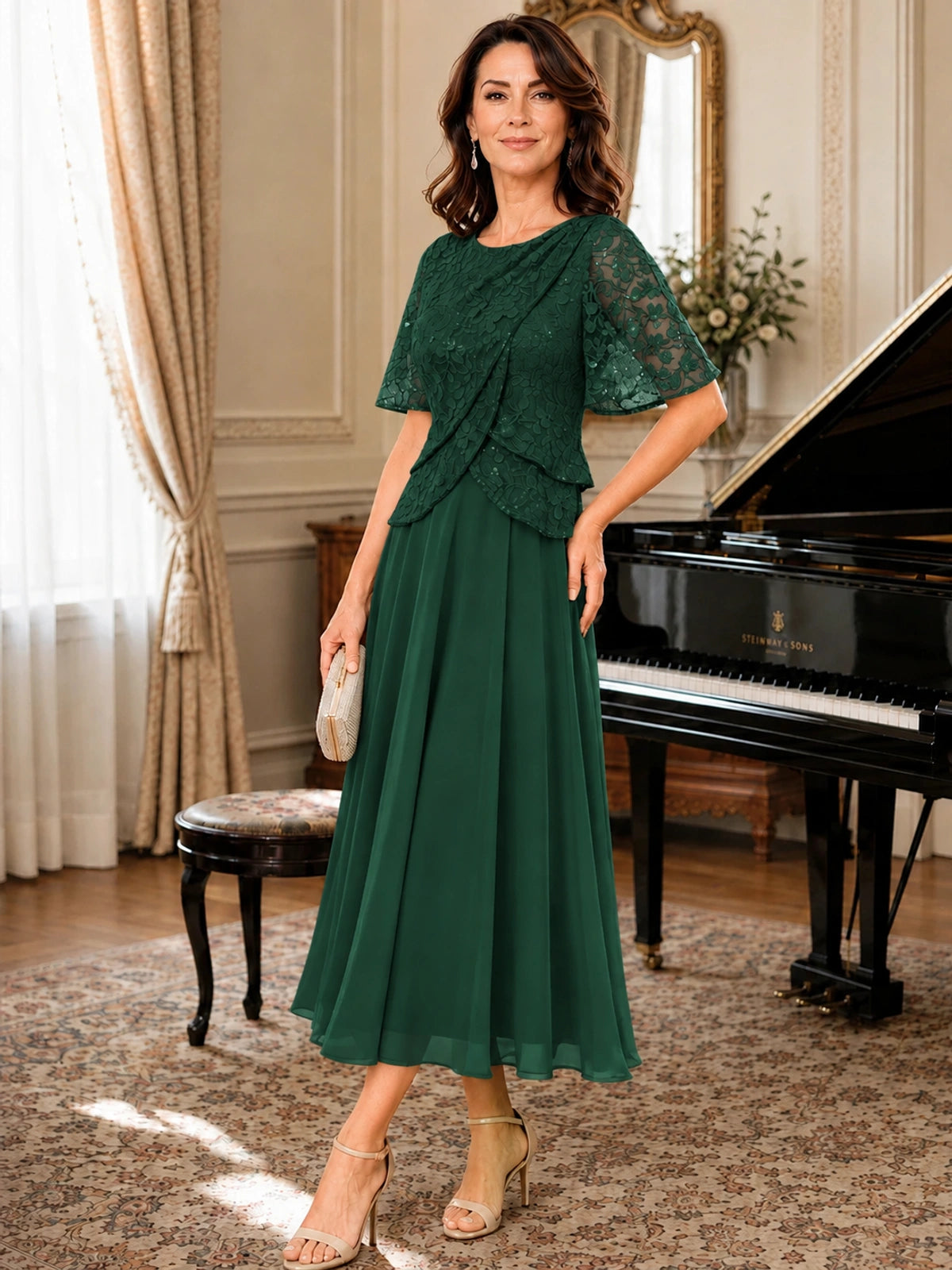 Tea-Length Chiffon Mother of the Bride Dress with Sequin Lace Sleeves