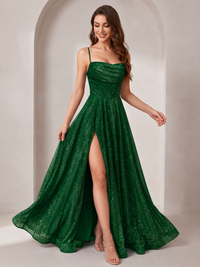 Sparkly Cowl Neck Corset Long Prom Dress with Slit A-line Tulle Ball Gown