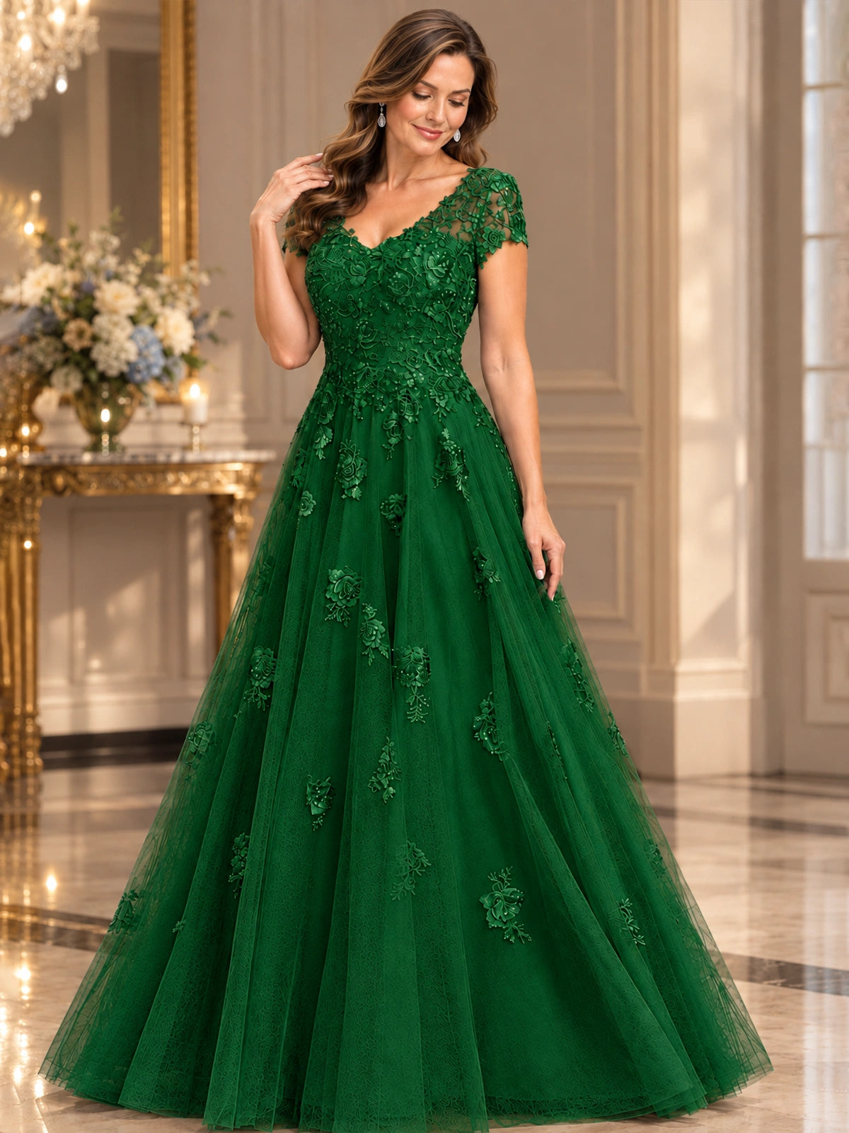 Lace Appliques A-line Mother of The Bride Dresses with Short Sleeves