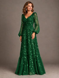 Floral Sequin Embroidered A-Line Mother of the Bride Dress with Long Sleeves