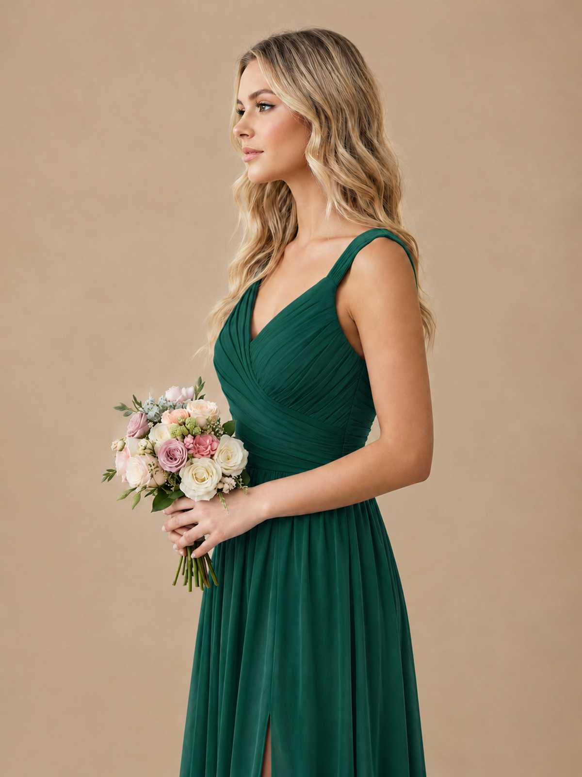Pleated Chiffon V Neck Wedding Bridesmaid Dresses Floor Length with Slit