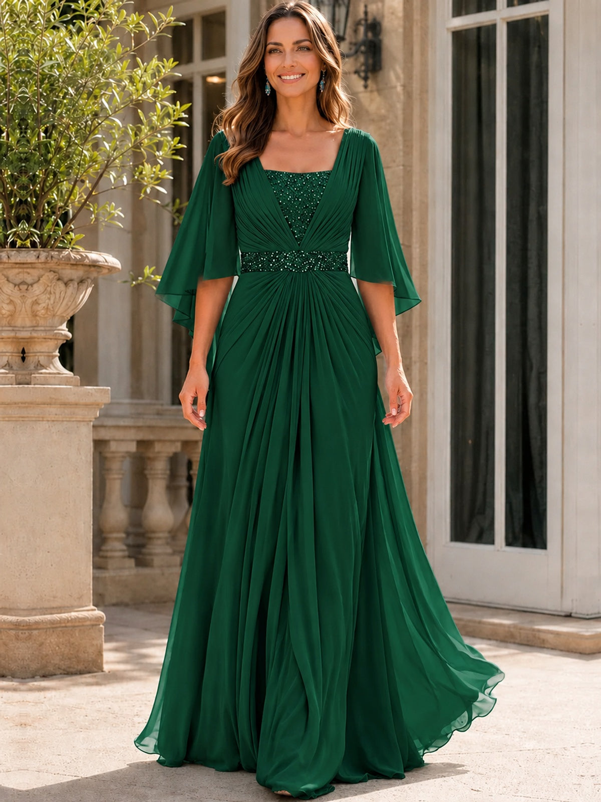 Elegant V-Neck Sequined Chiffon Mother of the Bride Dress with Flutter Sleeves