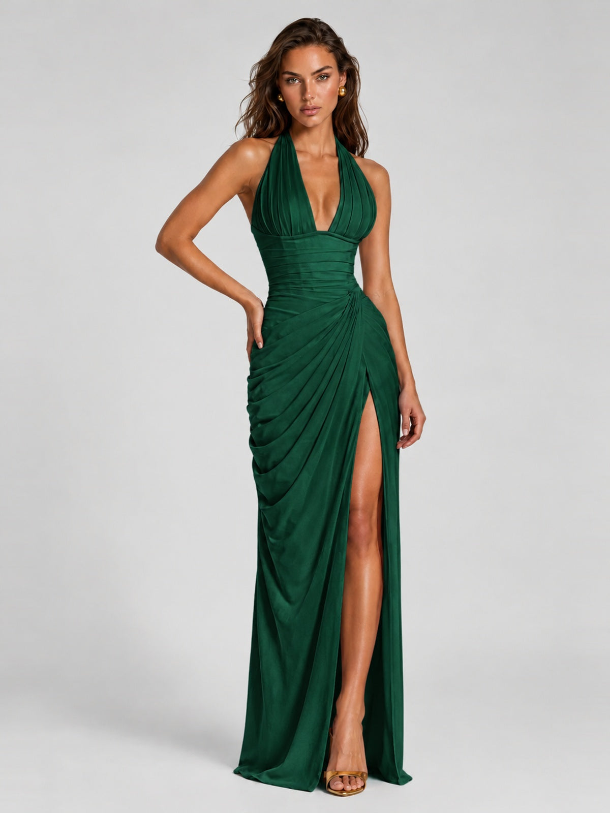 Ruched Halter Neck High-Slit Prom & Evening Dress
