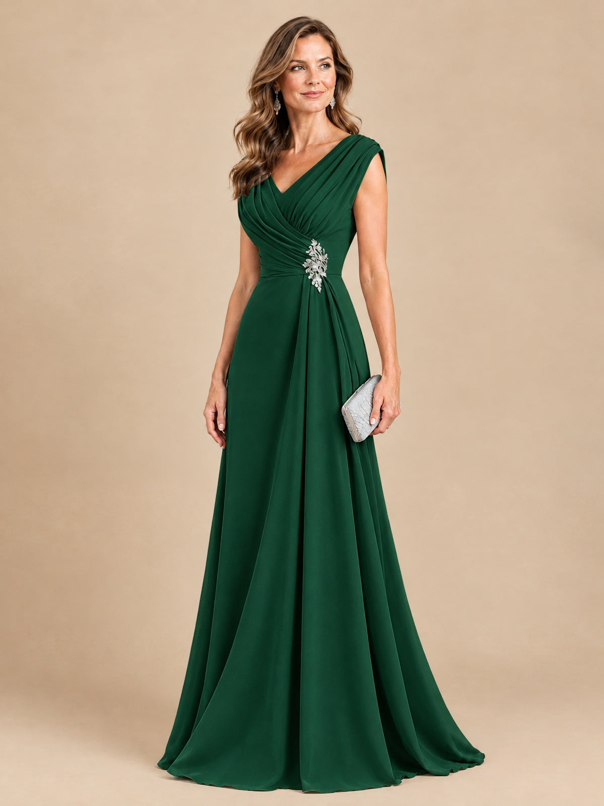 V Neck Pleated Mother of The Bride Dresses with Beading Cap Sleeves