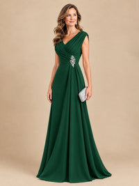 V Neck Pleated Mother of The Bride Dresses with Beading Cap Sleeves