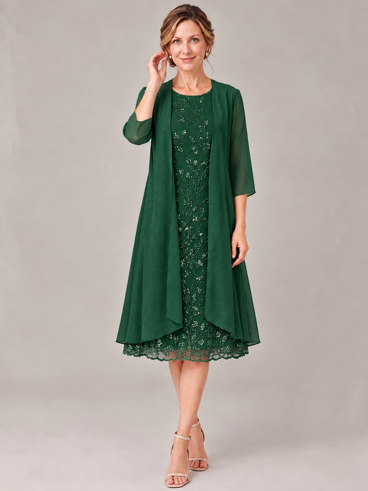 Tea Length Sequin Lace Mother of The Bride Dress with Chiffon Jacket