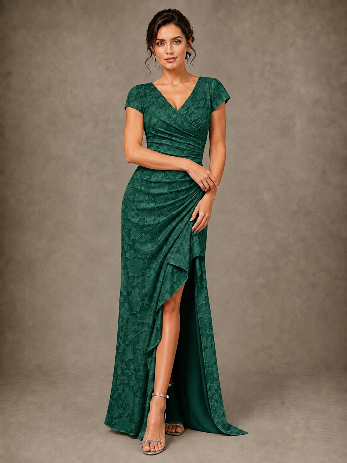 V-Neck Floral Jacquard Mother of the Bride Dress with Slit