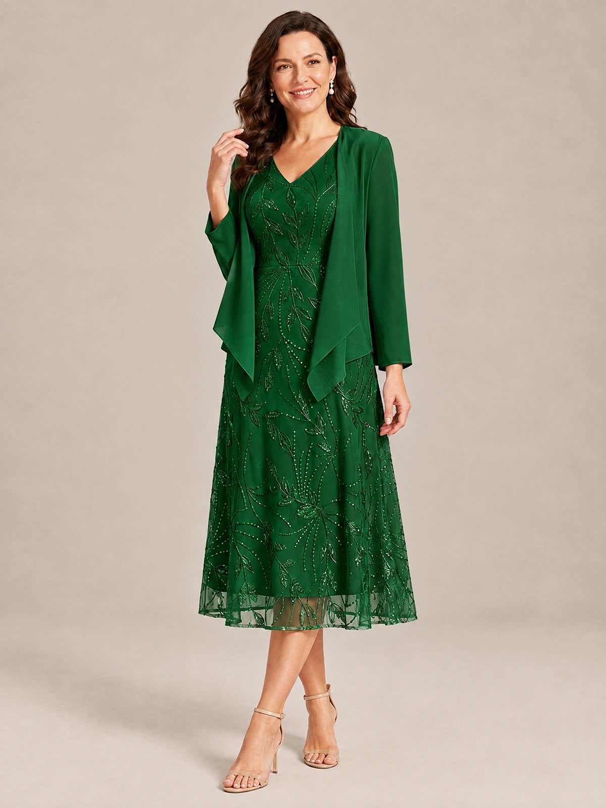 Tea Length Sequin Lace Mother of the Bride Dress with Chiffon Jacket