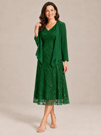 Tea Length Sequin Lace Mother of the Bride Dress with Chiffon Jacket