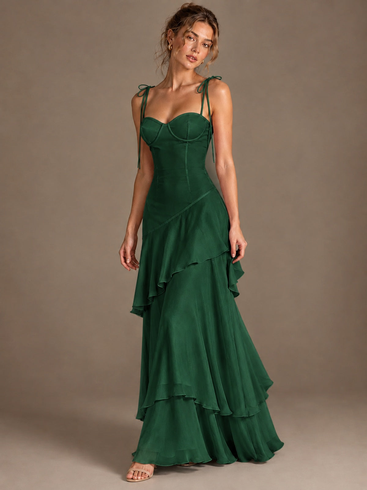 Spaghetti Strap Tiered Ruffles Chiffon Prom Dress