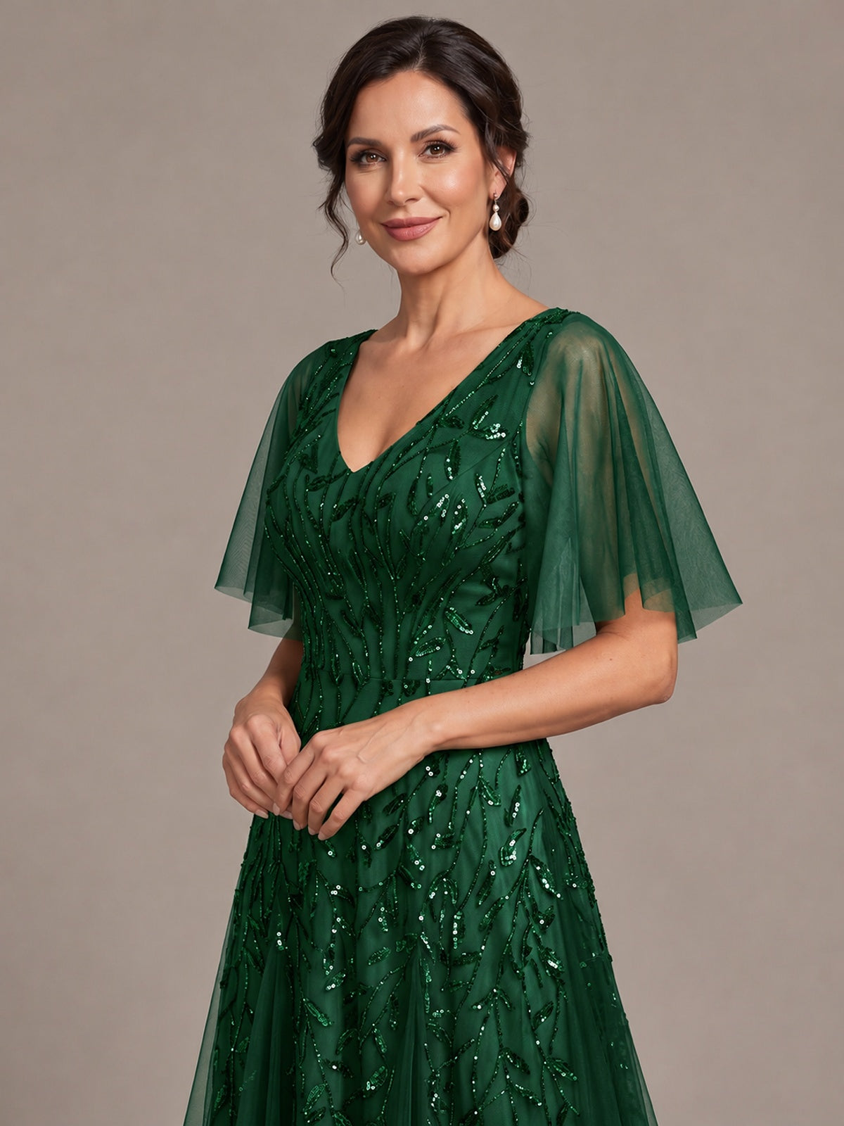 V-Neck Sequin Tulle Mother of the Bride Dress with Flutter Sleeve