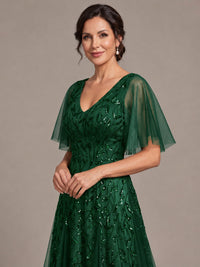 V-Neck Sequin Tulle Mother of the Bride Dress with Flutter Sleeve