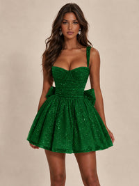 Sweetheart Glitter Tulle Puffy Mini Dress with Bow