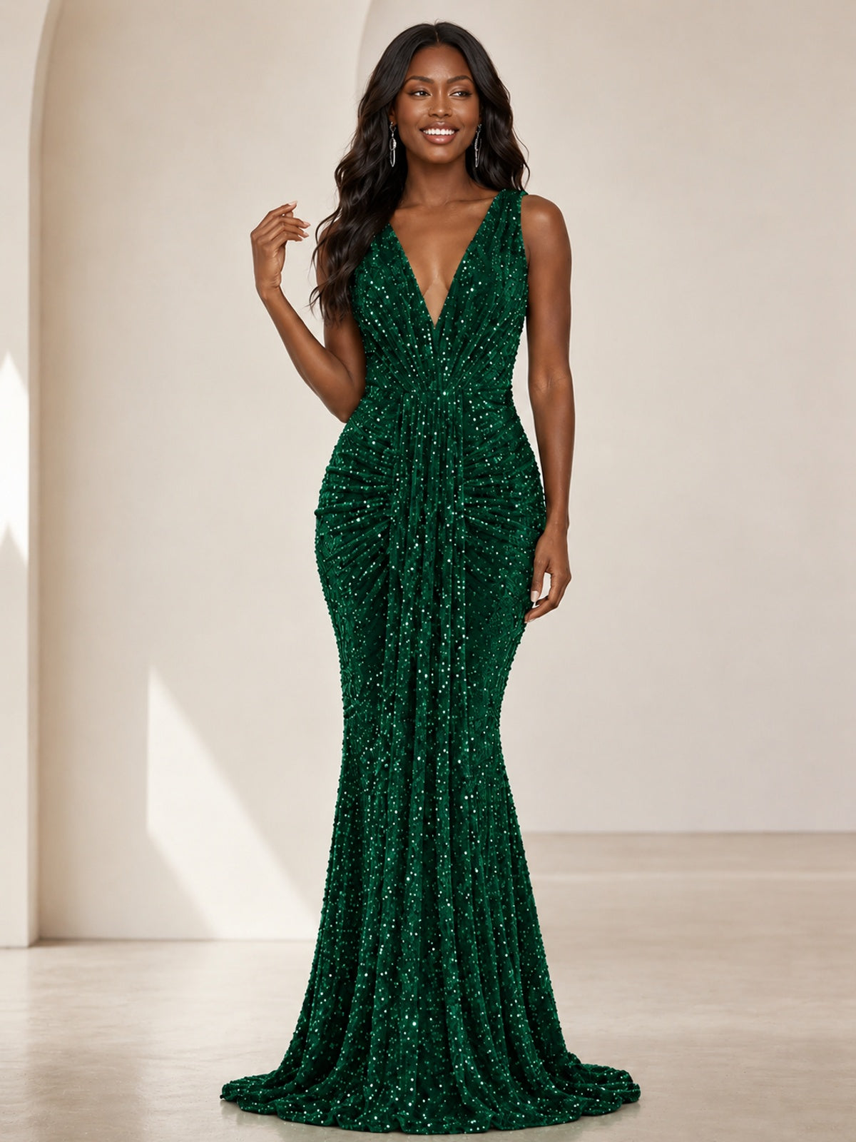Sequin Mermaid Prom Dress with V-Neck and Ruched Waist