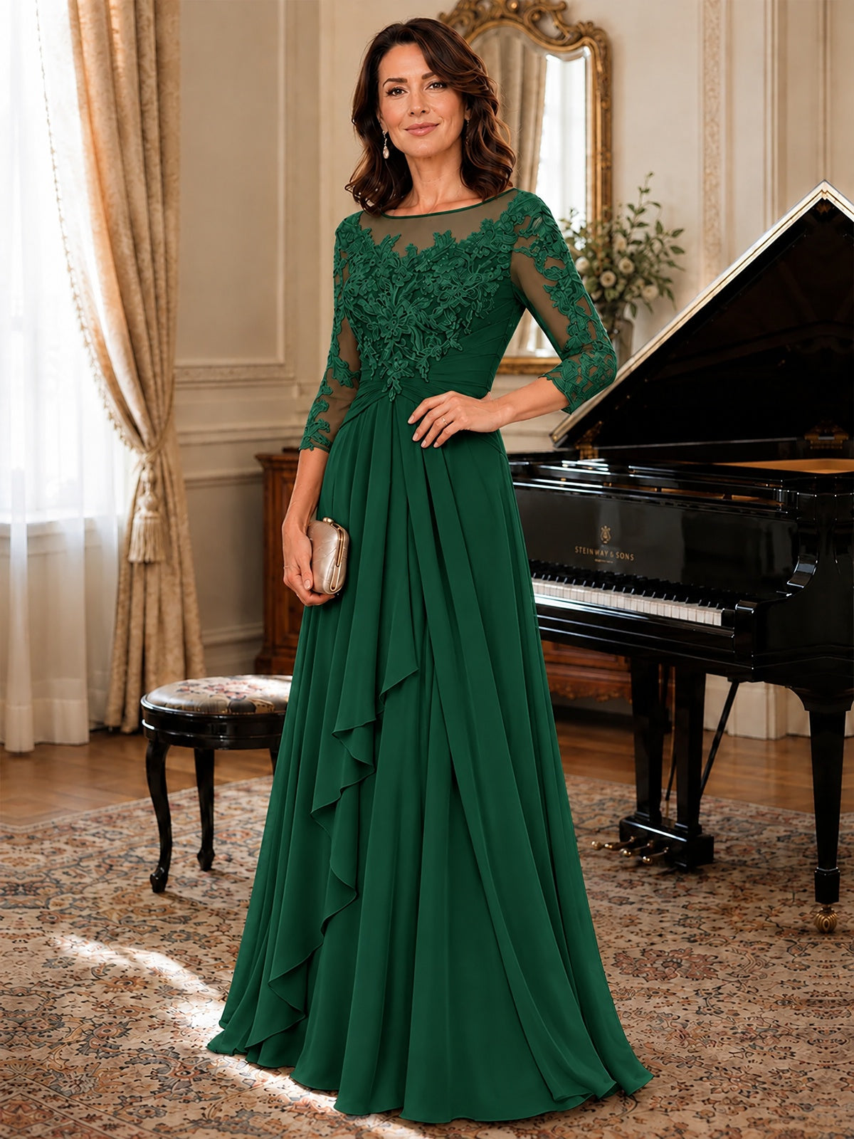 A-Line Chiffon Mother of the Bride Dress with Floral Applique 3/4 Sleeves