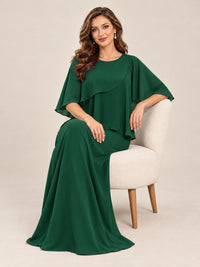 Cape Sleeve Mother of the Bride Dress with Asymmetrical Overlay