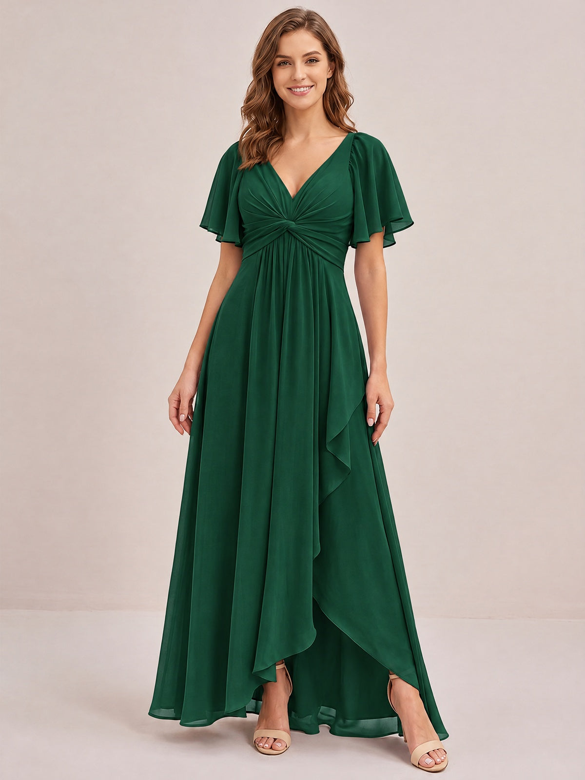 Dusty Blue Chiffon Bridesmaid Dress with Flutter Sleeves & High-Low Hem