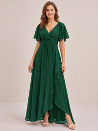 Dusty Blue Chiffon Bridesmaid Dress with Flutter Sleeves & High-Low Hem