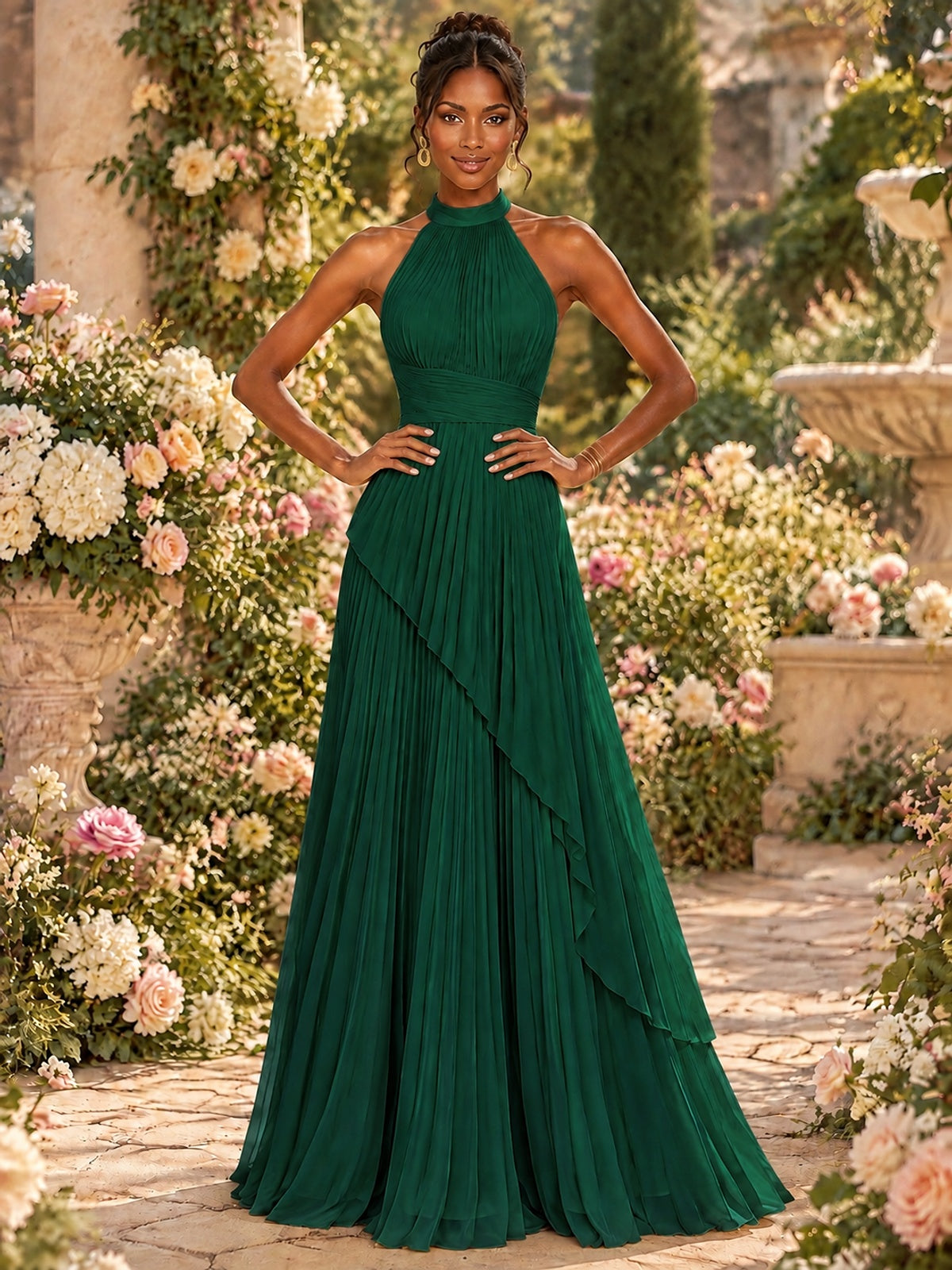Wrap Pleated Prom Dress Halter A-line Chiffon Formal Wedding Dress